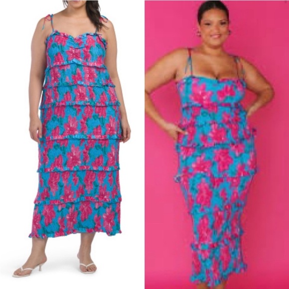 SHOW ME YOUR MUMU Stella Smocked hot pink blue Midi Dress size 2X plus new w tag - Picture 2 of 9